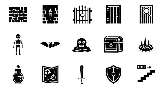 Black icons depicting dungeon elements wall torch gate doors skeleton bat slime chest spikes potion map sword shield exit stairs