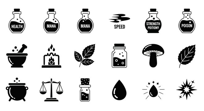 A grid of black and white icons related to alchemy potions and ingredients