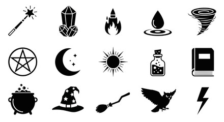 Fifteen black silhouette icons related to magic and fantasy arranged in three rows © Julian Vance