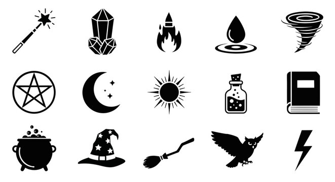Fifteen black silhouette icons related to magic and fantasy arranged in three rows