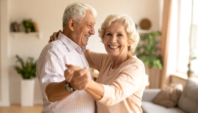 Smiling elderly couple slow dancing in their home, happy and embracing each other in warm light