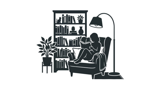 Woman reading book in cozy home library with plants and lamp