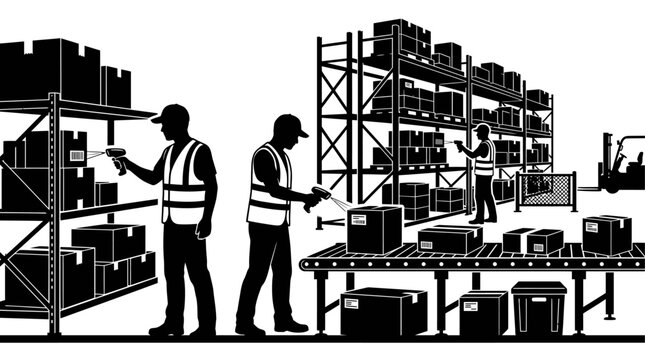 Warehouse workers scanning packages with barcode readers on industrial shelving