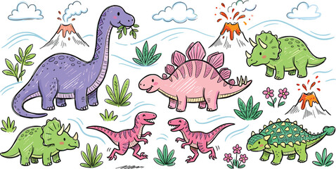 Adorable Dinosaur Vector Collection Featuring Brachiosaurus Triceratops Stegosaurus and Velociraptor with Prehistoric Volcanoes and Tropical Plants for Children's Educational and Creative Designs © Ismail