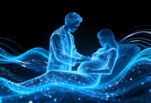 Futuristic medical scan showing doctor examining pregnant woman with glowing blue digital particles pregnant healthcare pregnancy obstetrics ultrasound futuristic technology medicine analysis