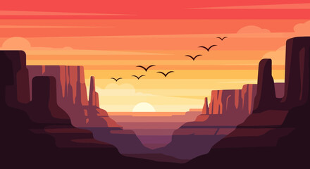 Birds flying in a desert canyon at sunset. © Ahyar