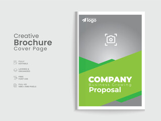 Obraz premium Business proposal brochure cover page with green mountain-like shapes, placeholder area, and text 