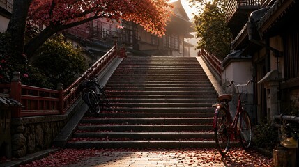 Naklejka premium Traditional Kyoto street with stone stairs and autumn leaves at sunset