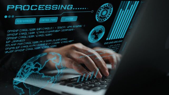 A close-up image showcasing hands interacting with a laptop displaying advanced data analytics and processing systems, representing the fusion of technology and business insights. Cipher