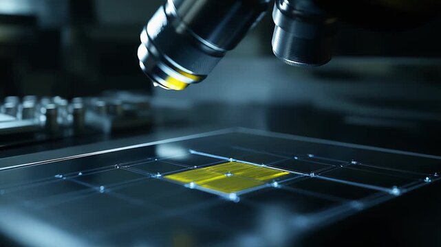 Microscope focusing on a detailed microchip, exploring semiconductor materials and advanced nanotechnology for scientific development and engineering innovation