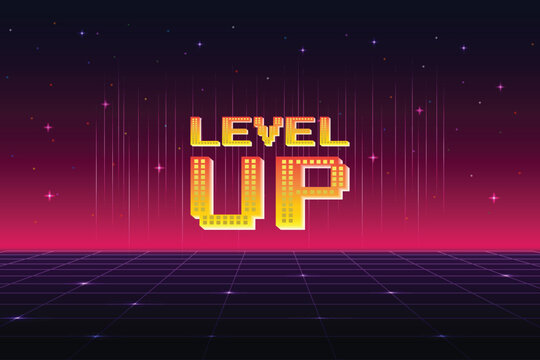 LEVEL UP icon pixel art 8 bit game. Retro Futurism Sci-Fi Background. glowing neon grid and stars from vintage arcade computer games