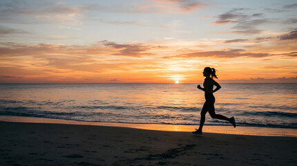 Fototapeta premium Silhouette of a woman running on a sandy beach by the ocean at sunset or sunrise, with a vibrant sky and calm water