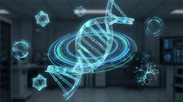 DNA double helix structure with glowing blue orbs in laboratory