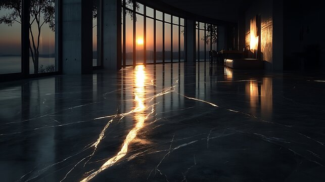 Minimal concrete and glass architectural space with warm sunset light and reflective floor, cinematic luxury background for tech presentation and corporate hero design