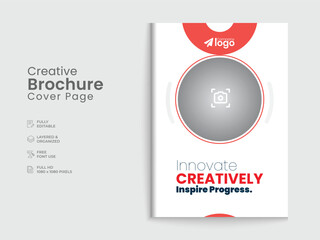 Fototapeta premium Sleek brochure cover page with circular placeholder, emphasizing red and white accents, featuring inspiring text for business promotion