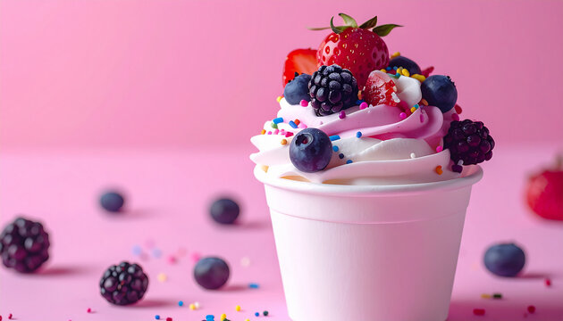Creamy frozen yogurt in a paper cup with fresh strawberries blueberries and raspberries, colorful sprinkles, sweet food, tasty dessert.