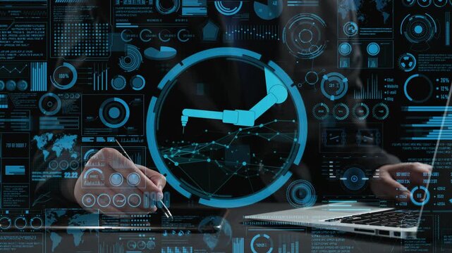 A futuristic representation of a robot arm against a complex data analysis interface, embodying innovation and automation in modern industrial settings. Cipher