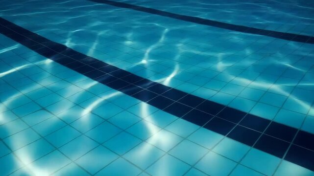 Clear swimming pool water with tile pattern and sunlight reflections  