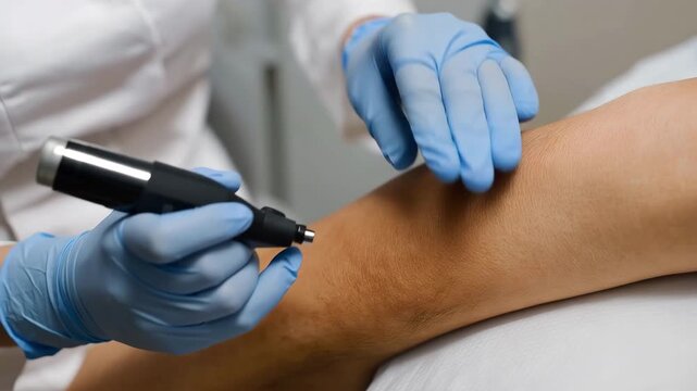 The physician does a dermatoscopy. skin cancer prevention. Nevi with normal skin.
