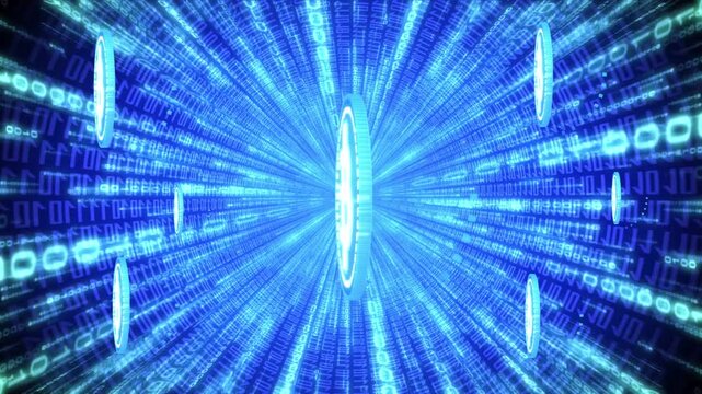 Rotating Cryptocurrency Bitcoin and Binary Code Tunnel in Background