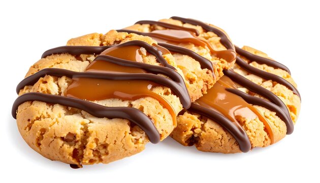 Stack of round cookies with caramel and chocolate drizzle