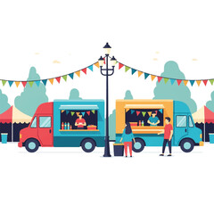 Naklejka premium A colorful food truck decorated with soccer pennants serving fans in an outdoor plaza. Vibrant community event, street food, festive mood. minimalist flat vector artwork, clipart style, absolute