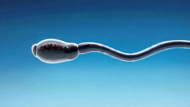 Medical illustration of a sperm cell swimming across a blue gradient background, representing fertility and reproduction.