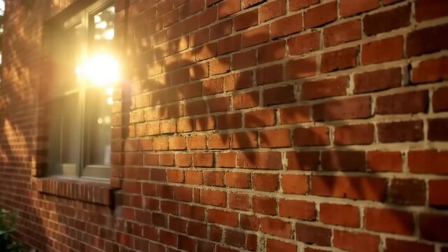 Sunlight glints off a glass window, casting delicate tree leaf shadows onto a weathered red brick wall.