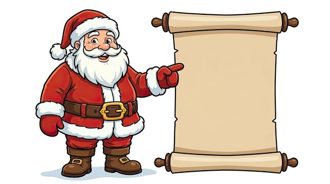 Cartoon santa claus pointing at a blank scroll