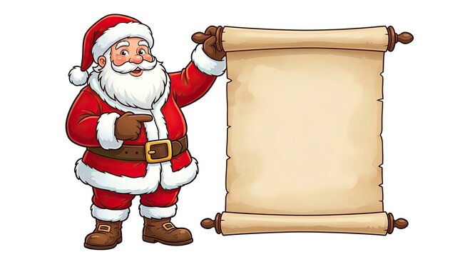 Cartoon santa claus pointing at a blank scroll