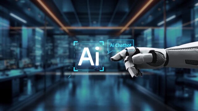 A futuristic robotic hand interacts with an AI interface displaying chatbot features in a sleek, modern office environment. Perfect for depicting innovation in technology. Auvana