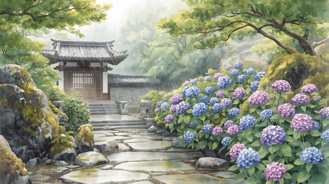 和の風景、古いお寺と紫陽花