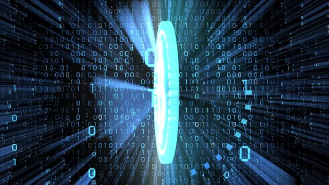 Rotating Cryptocurrency Bitcoin and Matrix Binary Code in Background