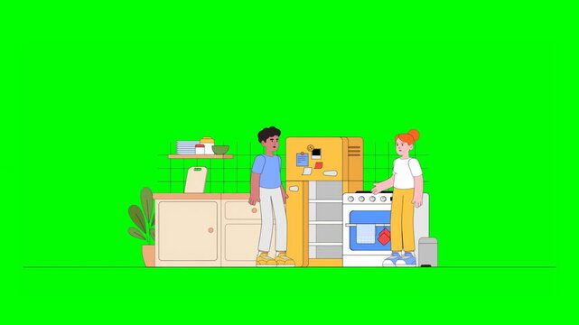 2D Animated Boy and Girl Standing in Kitchen Showing Empty Fridge Expressing Frustration on Green Background