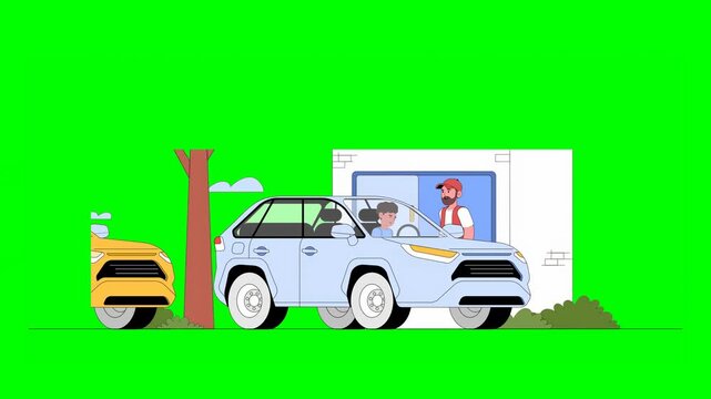 2D Animation of Boy in Blue Car Arriving at Drivethru Receiving Parcel From Delivery Man Followed by Girl in Yellow Car on Green Background