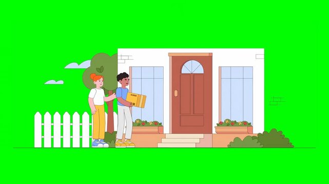 2D Animated Boy and Girl Customers in Casual Outfit Receiving Their Parcel Delivered by Drone at Doorstep on Green Background
