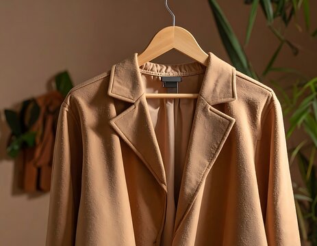 Brown leather jacket on wooden hanger.