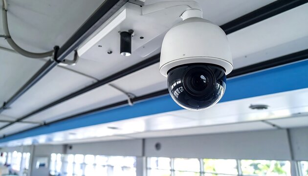 Security camera fixed on the ceiling, watching from a high vantage point, with blue and white details below