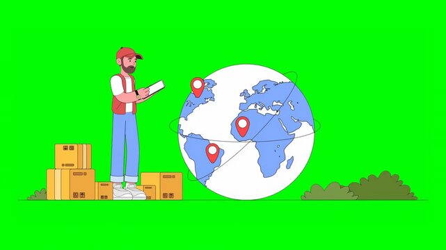 2D Illustration of Deliveryman Standing Surrounded by Parcels Indicating Delivery Locations on Phone With Giant Globe in on Green Background