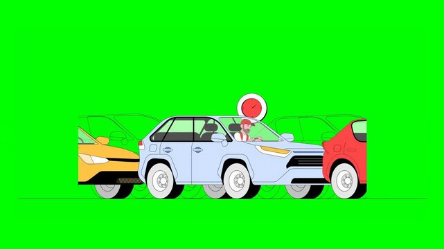 2D Animated Illustrated Deliveryman Sitting Inside Blue Vehicle Stuck in Traffic Jam With Multiple Cars Around and Ticking Red Clock Above on Green Background.