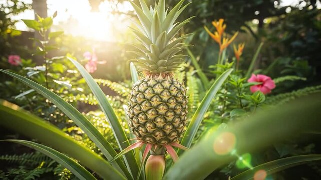 Ripe tropical pineapple fruit glowing under warm sunlight in exotic garden environment