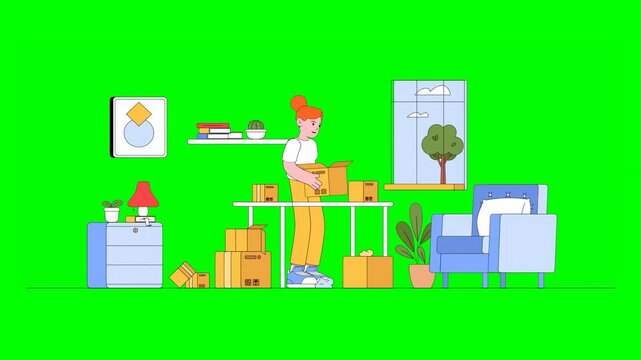 2D Cartoon Girl Unwrapping Numerous Parcel Boxes in Room Filled With Green Decor and Furniture on Green Background
