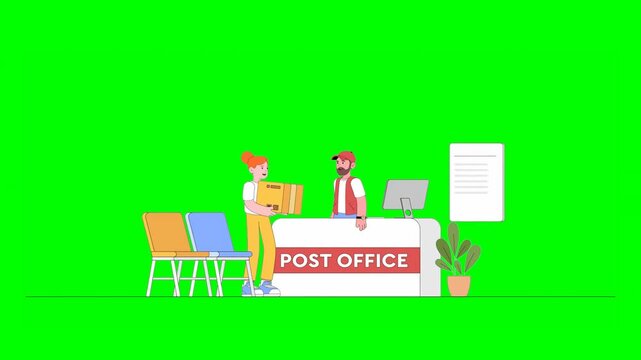 2D Animated Cartoon Girl in Casual Outfit Collecting Parcel From Post Office Clerk Surrounded by Chairs and Plant on Green Background