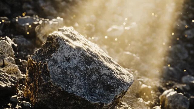 Close up view of a rough rock surface with fragments and dust, highlighted by bright sunlight and shimmering gold like particles, suggesting hidden wealth and treasure in nature