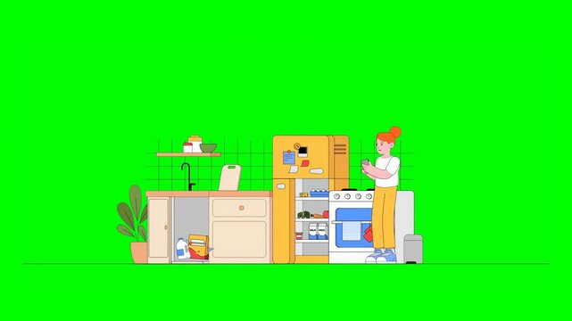 2D Animated Girl Standing in Kitchen Ordering Food and Household Items on Phone With Appliances and Furnishings Visible on Green Background.