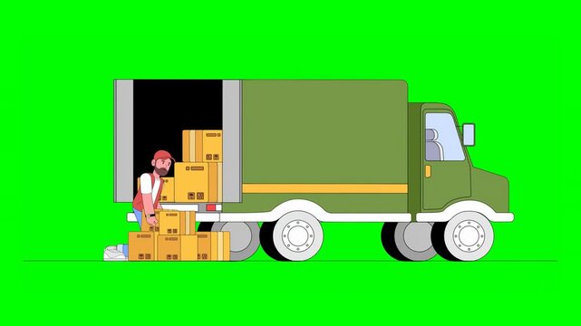 2D Animation of Workers Placing Parcels Into Truck in Warehouse Environment Stacking Orderly for Transportation on Green Background.