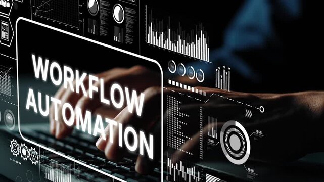 Hands Typing on Keyboard with Digital Workflow Automation Concept and Graphical Analytics Overlay. Asymptotic smart data analytic.