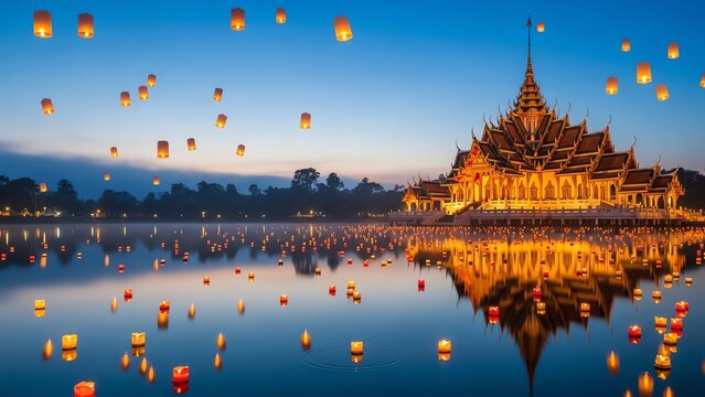 Lanterns Lighting Up Sky over City Temple at Twilight on Water Festival