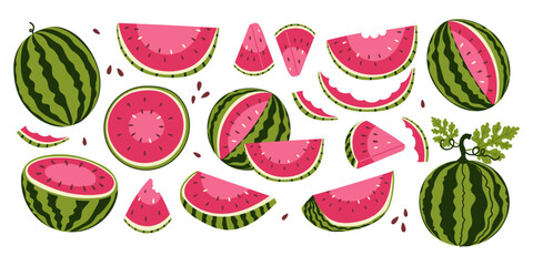 Watermelon hand drawn slices collection. Cute summer fruit set with whole, halved, and bitten pieces. Whimsical berry elements isolated on white background. © Svitla