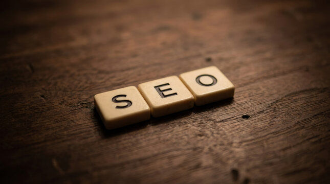SEO letter tiles on rustic wood background, search engine optimization concept, digital marketing and web ranking strategy, vintage wooden texture
